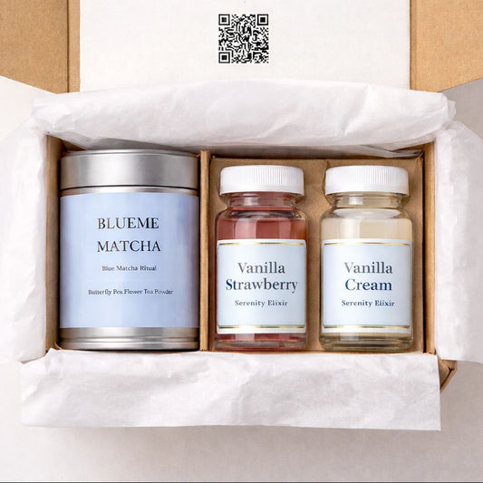 Open box containing tea and vanilla products with 'Begin your ritual' text and QR code.